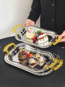 1pc French Style Gold Flower Handle Silver Stainless Steel Embossed Square Serving Tray, Luxury Fruit Plate, Cake Dessert Platter, Living Room Coffee Table Household Glass Rectangular Plate - Multicolor - View 1