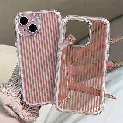 1 pieza Funda de teléfono transparente de cobertura total con patrón de rayas marrones y bordes rosas, compatible con iPhone 11 12 13 14 15 16 17 Pro Max, unisex