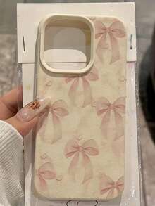 1pc White Leather Texture Minimalist Pink Bow Design Phone Case, Compatible With IPhone 16 Pro Max, 15, 14 Plus, 13, 12, 11, 17 Air - Multicolor - View 3