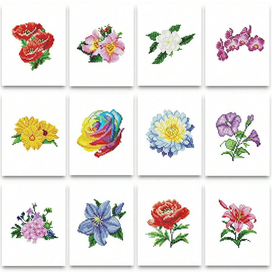PeakLuv 12 Pcs Mini Diamond Art Kits Flowers, Plant Small Diamond Painting Kits For Adults Beginners, DIY Square Drill Flowers Small Gem Art 1-Hour Painting For Home Desktop Decor, 6X7in - 花朵2 - 查看 1