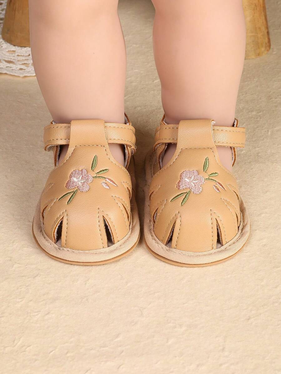 1 Paio di sandali alla moda e carini da principessa per neonata, di colore solido e design piatto, traspiranti, scarpe per bambini adatte per l'estate - Albicocca - Visualizzare 1