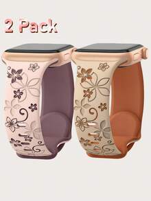 Bộ 2 dây đeo đồng hồ khắc hoa, tương thích với Apple Watch 41mm 40mm 44mm 45mm 42mm 46mm 38mm 49mm dành cho nữ, dây đeo thể thao bằng silicon mềm hình hoa tử đinh hương dễ thương, tương thích với Series SE 11 10 9 8 7 6 5 4 3 2 1 Ultra 3 2 - Trà Sữa Nâu/Hồng Tím - Xem 16