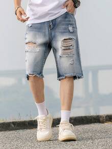 青少年男生休闲校园时尚直筒牛仔短裤，百搭街头服饰 - 淺色水洗藍 - 查看 4