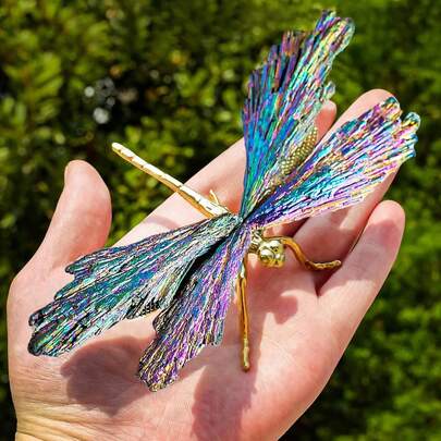 Dragonfly Statue Natural Electroplated Tourmaline Dragonfly Decor Collection Natural Home Decor Healing Crystals Dragonfly Gift For Women 4.33" (Colorful-Gold, Large Size)