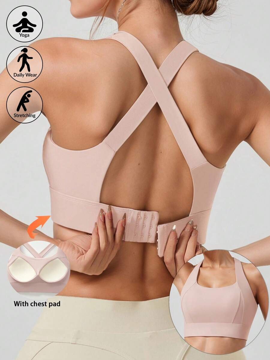 Sujetador deportivo sin cables con espalda cruzada y tirantes, con almohadillas extraíbles, cómodo camiseta interior delgada para correr, yoga y uso al aire libre - Rosa - Ver 1