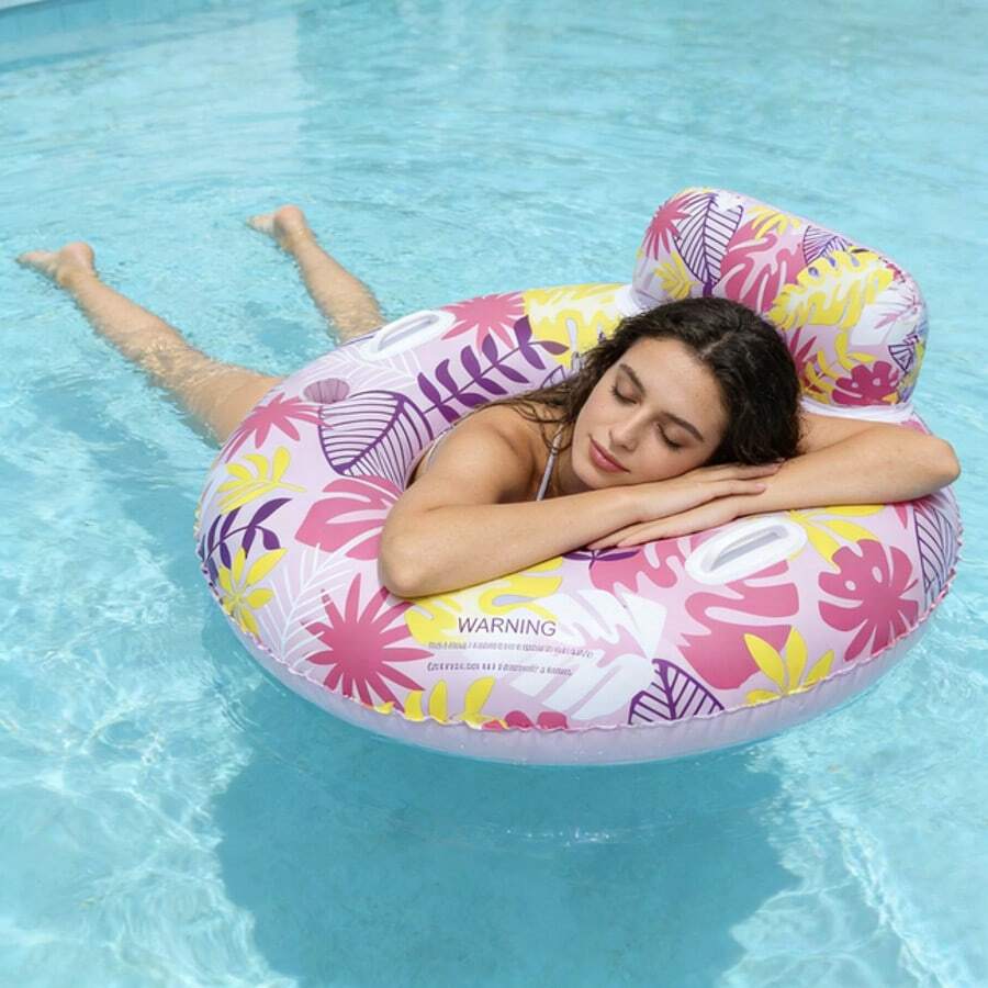 Summer Pool Floating Mat With Headrest - Luxury Tropical Leaf Design Inflatable Lounger For Adults, Perfect For Relaxation, Sunbathing And Pool Parties (Blue And Pink) - Tropical Leaves - View 1