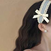 Plaid Blue Cute Headband Lace Versatile Hair Accessories Summer Niche Bow Lolita New - 藍色 - 查看 5