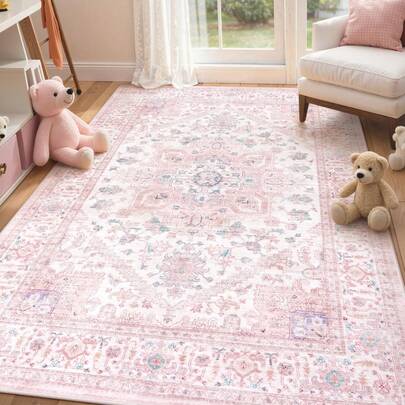 1pc Pink Printed Velvet Carpet, Absorbent Non-Slip Machine Washable Decorative Carpet For Bedroom, Living Room