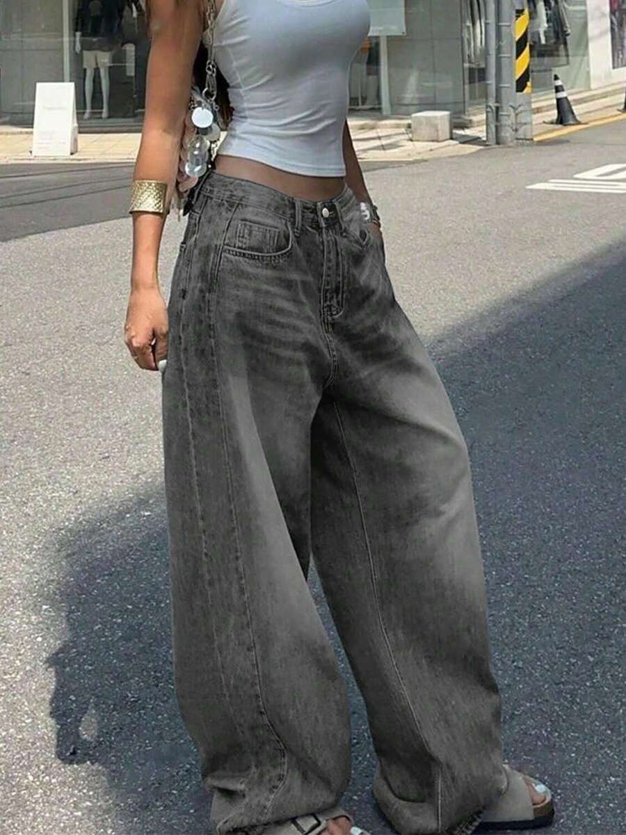 Casual American Street Style Minimalist Daily Commute Versatile Women Jeans, Oversized Boyfriend Style Women's Pocketed Wide Leg Relaxed Casual Jeans, Women Curve Jeans For Women, Valentine/Christmas/New Years Outfit, Holiday Gift - 灰色 - 查看 1