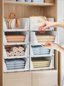 Stackable Plastic Storage Baskets, Foldable Wardrobe Dividers, Storage Boxes, Drawer Racks, And Storage Containers Suitable For Wardrobes, Cabinets, Kitchens, Bathrooms, And Offices. - White - View 13