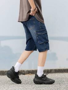 Teenage Boys' Casual Campus Fashion Straight Leg Denim Shorts, Versatile Streetwear - Medium Wash - View 5