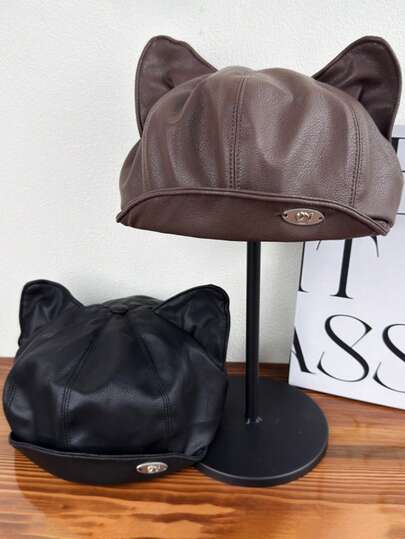 1pc Vintage Cute Cat Ear PU Beret Hat, New Women Spring Autumn Winter Hat, Sweet Solid Color Casual
