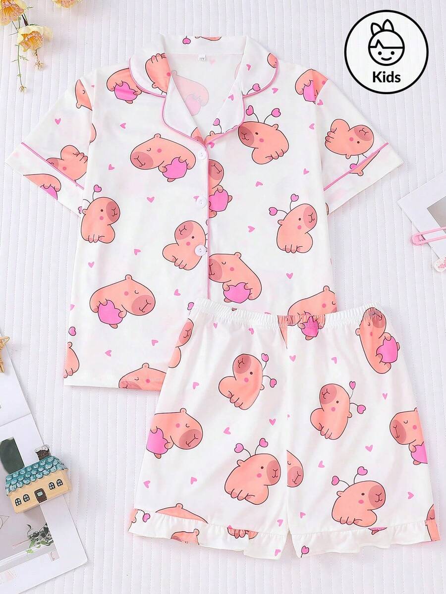 两件套儿童可爱休闲睡衣套装，粉色小猪印花柔软短袖上衣和短裤，可爱的水豚爱心印花图案，适合儿童派对、日常穿着和居家穿着，是送给孩子的绝佳礼物。 - 白色 - 查看 1