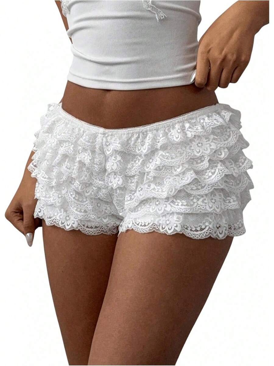 Women's Ruffle Shorts Crochet Tiered Layered Summer Beach Micro ShortsA Valentine's Day AC56 - Mesh White Solid - View 1