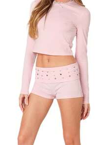 Women Low Waist Studs Fold Over Micro Short Punk Y2K Casual Bottoms Shorts Pj Yoga PajamasA Valentine's Day YBLO - 粉色 - 查看 6