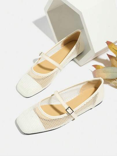 Pantofi Mary Jane albi noi pentru femei, 2026, vară, respirabili, cu plasă goală, vârf pătrat, croială largă, confortabili