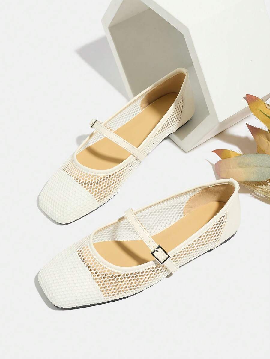 2026新款白色女士玛丽珍鞋，夏季透气镂空网眼方头宽楦舒适款 - 白色 - 查看 1