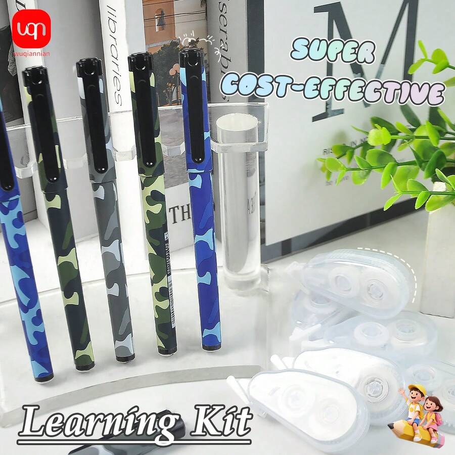 WQN 12支装迷彩办公中性笔（0.5毫米），6卷迷你白色修正带，书写修正套装，适合返校季使用的学习用品套装 - 彩色 - 查看 1