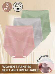MEIYATING 3条装女士高腰纯棉三角裤，收腹提臀，交叉绑带设计 - 彩色 - 查看 4