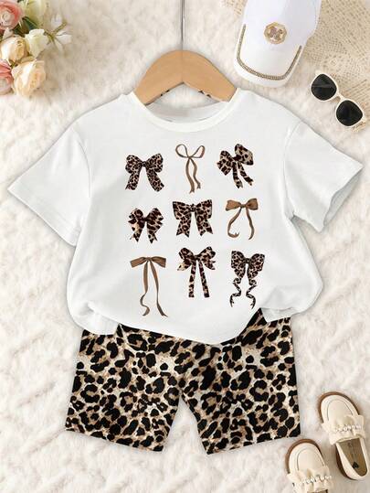 2pcs/Set Baby Girls' Fashion Minimalist Summer Outfit - White Short Sleeve Tee With Bow Decor + Leopard Print Elastic Waist Shorts, Cute Casual Outdoor Clothing For Infant/Toddler, Gift/Holiday/Party, 6-9M; 9-12M; 12-18M; 18-24M; 2-3Y
