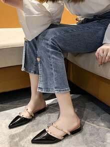 Queen Aura Style, Glossy Rivet Pointed Toe High Heel Sandals, Slimming Chunky Heel Outdoor Slippers, Perfect For Skirts And Jeans - Black - View 6