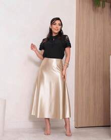 Women's Skirt, Formal Skirt, A-Line Satin Midi Skirt, Elegant Skirt, Stylish, Asymmetrical. - 米色 - 查看 3