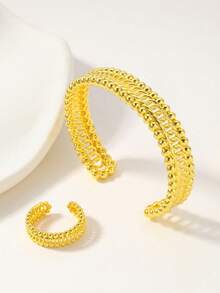 2件套复古18K镀金铜手镯和戒指套装，中东迪拜新娘首饰 - 金黃色 - 查看 5