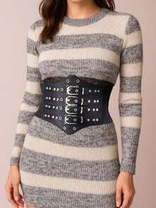 1pc Women's Black Street Style Adjustable Wide Elastic Waist Band, Suitable For Party, Gathering, Daily Commute Or Street Style Outfit - Black - View 2