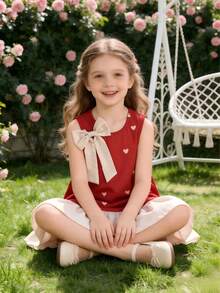 夏季女童无袖连衣裙，爱心印花，蝴蝶结领，撞色荷叶边下摆，宽松版型，甜美公主风，透气轻盈 - 紅色 - 查看 5