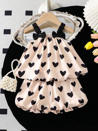 22pcs/Set - Baby Girls' Cute Fresh Summer Outfit, Includes Heart Print Ruffle Strap Top + Elastic Waist Shorts, Suitable For Newborn 3-6M, 6-9M, 9-12M, 12-18M, Outdoor, Party, Vacation, Casual, Comfortable, Moisture-Wicking, Fashionable, European Style, Spring/Summer/Autumn
