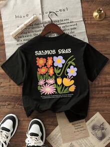 少女学生休闲印花圆领短袖T恤，夏季上衣 - 黑色 - 查看 4