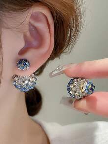 1 Pair Elegant Front & Back Rhinestone Stud Earrings, Gift For Women - Blue - View 1