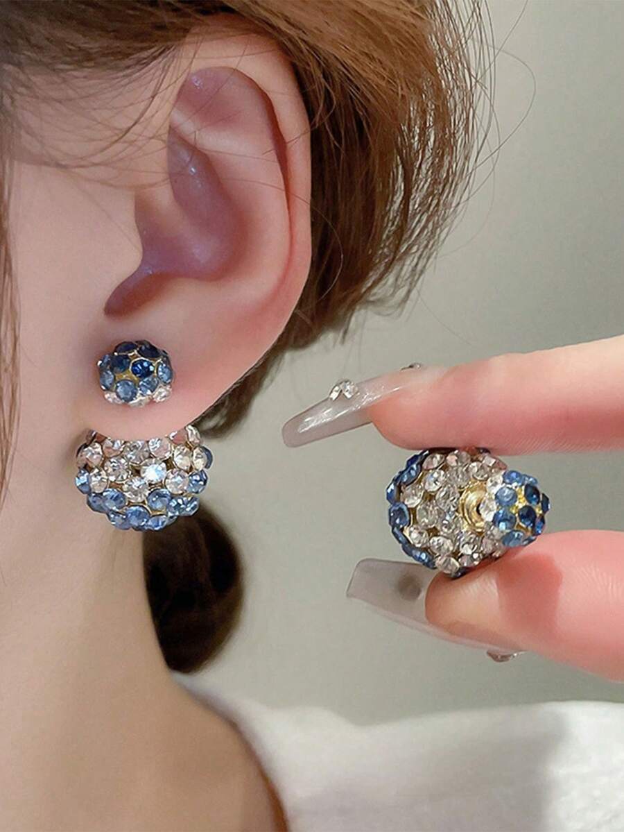 1 Pair Elegant Front & Back Rhinestone Stud Earrings, Gift For Women - Blue - View 1