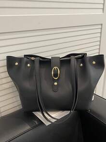 1pc Women's Fashionable Commuter Solid Color Tote Bag, Portable Versatile Large Capacity Shoulder Bag, Suitable For Dates, Shopping, Gifts, Work - Black - View 12