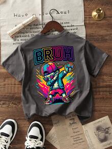 男童休闲印花圆领短袖T恤，夏季上衣 - 深灰色 - 查看 4