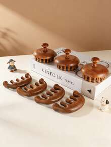 2 buc/set pieptene de masaj pentru cap cu dinți aspri din lemn de santal natural, pieptene rotund pentru masajul scalpului cu dinți lați, instrument mic pentru masaj facial, perie de păr unisex compactă și portabilă - Maro - Vizualizare 11