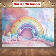 1 pieza Fondo de cumpleaños con tema arcoíris: Pastel colorido con acentos dorados, fondo vibrante de arcoíris, decoración de fiesta con confeti multicolor - Adecuado para fotografía de cumpleaños 1º, 2º, 3º, temporada de regreso a clases - Multiusos, uso estacional - No se requiere electricidad - Multicolor - Ver 2