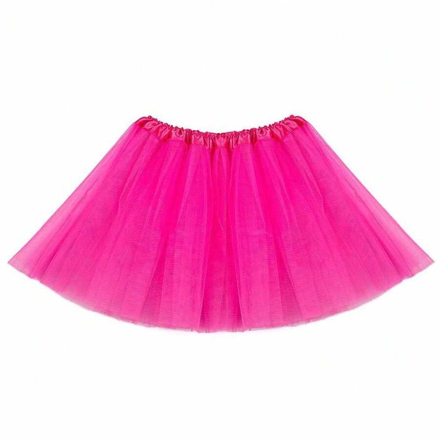 1pc Tulle Tutu Skirt With Lining, Princess Puff Skirt For Cosplay, Birthday Party, Role Play, Halloween, Carnival, Ballet Dance Tulle Skirt, White Mesh Mini Skirt For Girls - Hot Pink - View 1