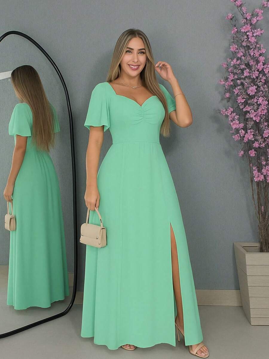 Women's Long Dress With Flare Sleeves, V-Neck, And Elegant Slit - Casual Wedding Dress - 薄荷綠 - 查看 1