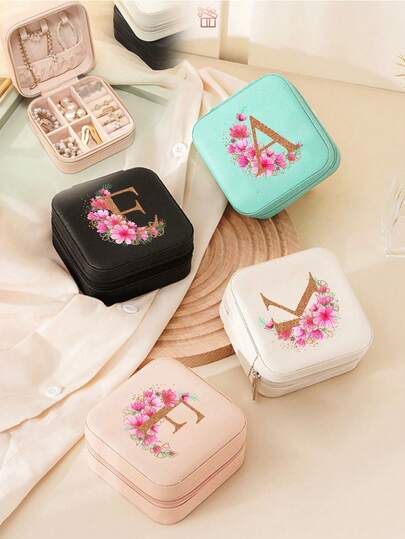 1pc Floral Initial Jewelry Box, A-Z Letter Travel Jewelry Organizer With Multiple Compartments Of Suitable Size To Neatly Store Your Rings, Necklaces, Earrings And Prevent Tangling And Loss. Suitable For Home Daily Use And Portable Accessory For Travel. Its Classic And Timeless Design Also Makes It An Excellent Decorative Piece For Any Room.