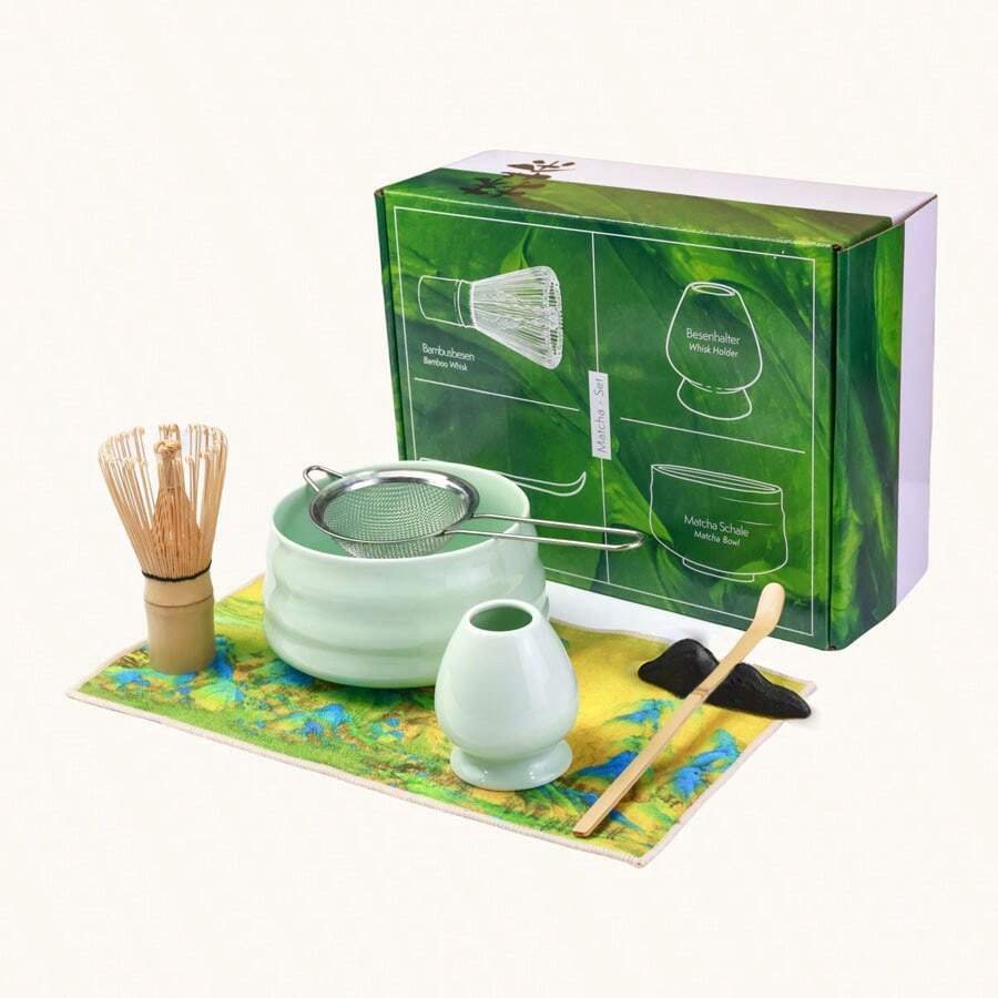 7PCS Traditional Japanese Matcha Set: Includes Ceramic Bowl, Cloth, Spoon, Tea Whisk Stand, Strainer, Tea Whisk, Perfect Gift For Ceremony - Multicolor - View 1