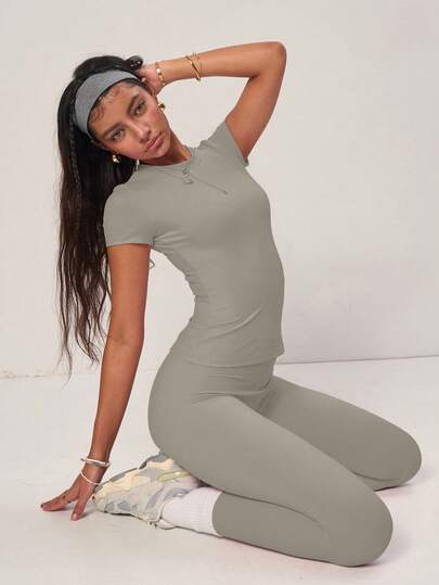 PinkTip Khaki Basic Top And Shorts Set, High Waist Loose Fit, Essential For Summer Casual And Workout