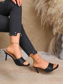 2026 New Sequin Strap High Heel Sandals For Women, Square Toe Fashionable Slip-On Mules - Black - View 2