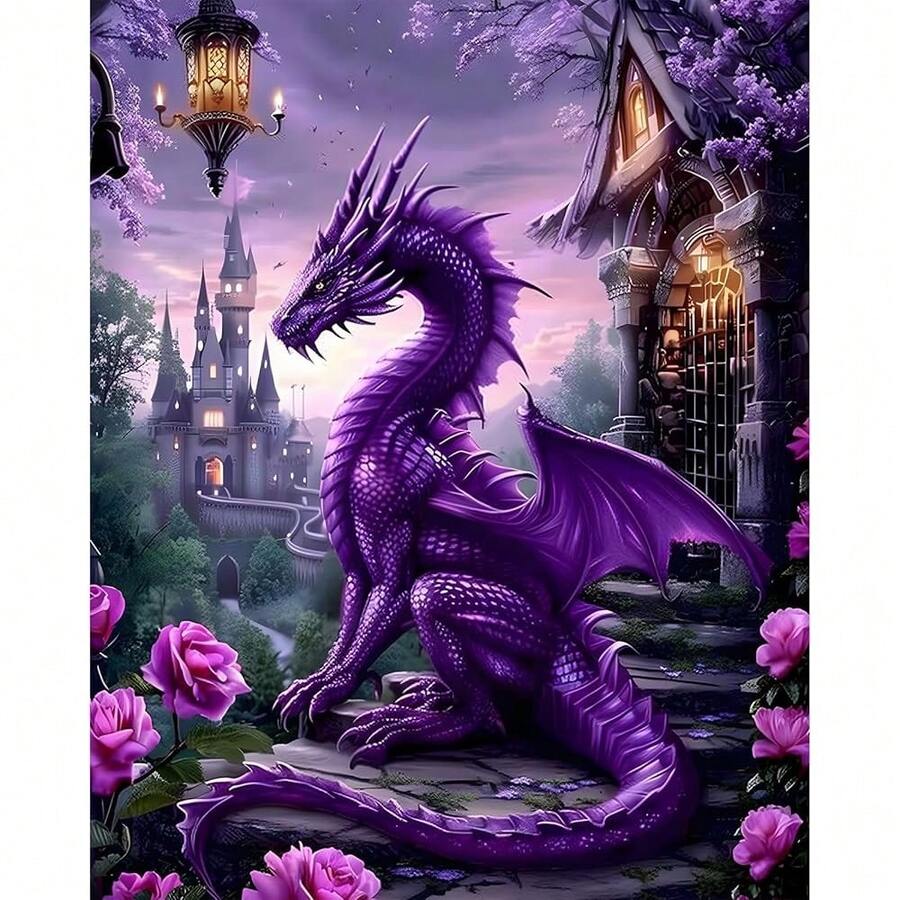 EMIEAUFG Dragon Diamond Art Kits For Adults, Purple Dragon And Castle Diamond Painting Kit For And Beginners, 5D Round Full Drill Craft, Home Wall Decor 12\ X 16\ - SR70 - Xem 1