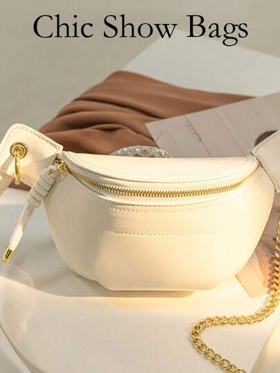 Women's Fashion Chain Chest Bag, PU Material, Zipper Closure, Portable Phone Pouch, Waist Bag, Solid Color Minimalist Style, Crossbody Bag, Suitable For Shopping, Dating, Outings, Compact Size