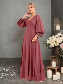 UNITHORSE Pleated Lantern Sleeve Waist Cinched Chiffon Bridesmaid Dress - Redwood - View 1