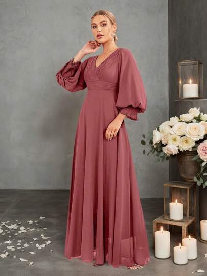 UNITHORSE Pleated Lantern Sleeve Waist Cinched Chiffon Bridesmaid Dress