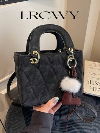 1pc Women's Handbag, Elegant Female Bag, Khaki Rhombus Embroidered Matte PU Leather Black Bag With Cute Pendant, Shoulder Strap