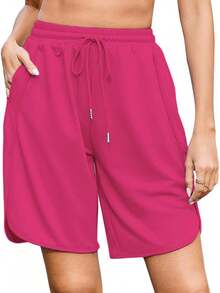 Quenteen Women's Sweat Shorts Bermuda Long Shorts Athletic Casual Loose Cotton Shorts (Available In Plus Size)A Valentine's Day 46QM - 9吋亮粉色 - 查看 8