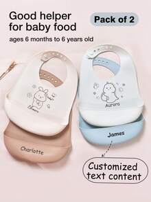1pc/2pcs Customized Baby Bibs, Adjustable, Dirt-Resistant, Leak-Proof Silicone Bibs, Available In Butterfly, Dinosaur, Bow, Rabbit, Heart Patterns, Soft & Reusable, Suitable For Boys And Girls, Personalized Gift - Multicolor - View 2